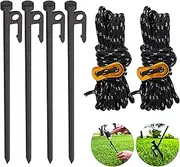 Heavy Duty Tent Stake 12 Inch 4 Pack with Camp Rope Guy Lines, Yard Stakes for Canopy, Camping Stakes for Ground, Tent Pegs Thickened Reinforced Nail Heads