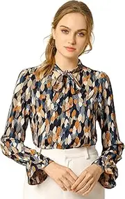 [Allegra K] Women's Long Sleeve Blouse Floral Tie Neck Chiffon Ruffle Trumpet Top