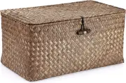 Wicker Shelf Baskets Bin with Lid, Handwoven Seagrass Basket Storage Bins Rectan