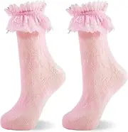 [Adfuenom] 2 Pairs Lace Ruffle Ankle Socks Women Ruffle Socks Pink Mesh Lace Trim Socks Lolita Socks for Women Princess Accessories, pink, One size
