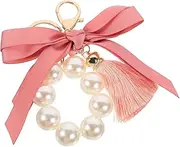 [Beavorty] Ribbon Bow Pearl Keychain with Tassel Elegant Pearl Keyring Accessory for Bags Lightweight Wrist Keychain for Women