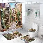 BOYOUTH Jungle and Waterfall Pattern Digital Print 4Pcs Shower Curtains Sets with Bath Mat,Contour Rug,Toilet Lid Cover for Bathroom Decor