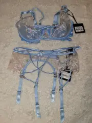 Honey birdette Evangeline set blue bra lace cream garter pink jewel nwt 32e L