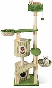 Costway 160cm Tall Cat Tree, Multi-Level Aesthetic Stripped Kitten Tower w/ 2 Condos, Plush Padded Top Perch, 2 Hammocks, Sisal Scratching Posts, 2 Dangling Balls, Indoor Cat Furniture Activity Center