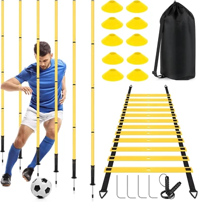 Soccer Agility Training Equipment: 6 Soccer Agility Poles, 20Ft Agility Ladder,