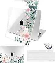 Batianda Compatible with New MacBook Air 13 inch Case 2025 2024 2022 M4/M3/M2 Chip Model A3240/A3113/A2681, Plastic Clear Hardshell Keyboard Cover & USB-C OTG Adapter, Leaves and Flowers