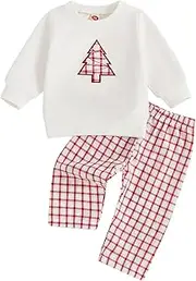 [Bufarromio] Toddler Baby Casual 2 Pcs Clothes Set Christmas Tree Embroidery Long Sleeves Top Plaid Print Pants Fall Sweatshirt Trouser Outfits