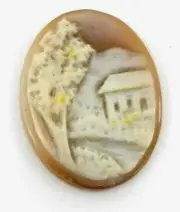 NOS Antique Hand Carved Oval Shell CAMEO Stone House & Tree Scene #KKP