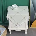 Embroidery Lattice Small Square Tablecloth with Tassel Heavy Duty Rustic Fabric