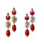 Earrings red pearl and flower charm drop, choose clip on or pierced