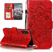 [EYZUTAK] Case for Samsung Galaxy A15 4G/5G, Premium Leather Magnetic Closure Flip Wallet Phone Case with Card Holder Cash Slot Stand Function Embossed Mandala Flower Slim Shockproof Lanyard Cover - Red