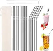 wakouter 13 Pcs Stainless Steel Straw Set, Reusable Metal Drinking Straws, Eco-Friendly Durable 304 Food-Grade Straws, with 4 Straight, 5 Bent, 2 Wide Boba Straws 2 Cleaning Brushes and Storage Bag