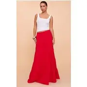 Tomato Red Cotton Tiered Drawstring Waist Maxi Skirt, Tomato Red