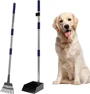 DJAPWPX Pooper Scooper Metal Scooper Tray and Rake Set with 3 Stainless Steel Long Handle Dog Pooper Scooper Multifunctional Poop Scoop Set for Pet Waste Removal on Grass Dirt and Gravel