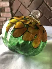 Hand blown Artesian glass pumpkin green Orange Ornament Large