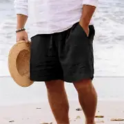 Men's Cotton Solid Color Short Lightweight Gym Pants Linen Beach Shorts Men Jogging Sport Large Short Homme black M