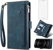 Phone Case for iPhone 6plus 6splus 7plus 8plus i 6/6s/7/8 Plus Wallet Cover With Screen Protector Crossbody Strap Flip Zipper Card Holder iPhone6splus i Phone7s 7s 7+ 8s 8+ Phones8 6+ i6 6s+ Blue