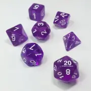 Purple Translucent D&D Dice Set With White Numbering And A Free Purple Dice Bag