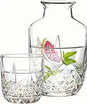 Water Carafe and Glass Set,Crystal Bedside Night Carafe Pitcher and Tumbler Glass Set,Mouth Wash Container for Bathroom, The Carafe Holds 17 oz, The Cup 5 oz