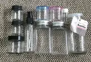 GLASS BOTTLE 2 SQUARE PLASTIC BOTTLES 1 SPRAY BOTTLE/VARIOUS SMALL JARS NEW