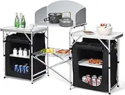 Costway Portable Camping Kitchen Table, Aluminum Fold-Up Camping Kitchen with Windscreen, Storage Organizer and Carrying Bag, Outdoor Camp Cooking Table for BBQ, Picnic, Party