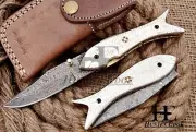 HUNTEX Custom Handmade Damascus 110 mm Carved Copper Hunting Pocket Fisher Knife