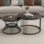 Round Nesting Coffee Table Set of 2, Side Table for Living Room, Living Room Table with Metal Frame, Sofa Tea Table for Small Space (Color : Black)