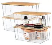 4 Pack Clear Plastic Storage Bins with Bamboo Lids, Stackable Storage Contain...