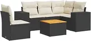 vidaXL 6-Piece Modular Black Garden Sofa Set - PE Rattan Patio Lounge with Cushions & Acacia Wood Table - Versatile Outdoor Furniture for Backyard, Terrace, and Deck
