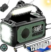 44400mWh Emergency Radio, Hand Crank Radio, 12000mAh Portable Solar Radio AM/FM/NOAA Weather Radio with 2 Solar Panels,3 Charging Methods,SOS Alarm,Flashlight,Phone Charger,Compass,Reading Lamp