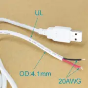 50pcs 1M/3.3FT 20AWG USB 2.0 Male Plug 2pin Wire DIY Pigtail Cable White Color