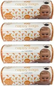 Pack of 400 Nappy Bags Thick Strong On A Roll with Tie Handles (x4 Roll of 100 Nappy Bags each roll)