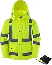 Ubon Men's Reflective Rain Jacket, Waterproof Hi Vis Rain Coat Safety High Visibility Raincoat with Detachable Hood