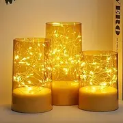3pcs/Set Acylinder Flameless Candles With Remote, Embedded String Lights Timer - Perfect for Halloween Decor Home Decor