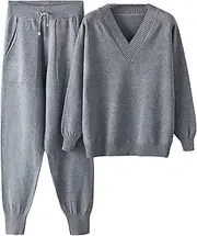 [Generic] Women's Winter Casual Pants Tracksuit Sweater Two Piece Sets Solid Color Loose Pullovers Suit