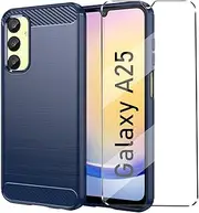Cover for Samsung Galaxy A25 Case with 1 Pack Tempered Glass Screen Protector Phone Case for Samsung Galaxy A25,Soft TPU Slim Fit Shockproof Anti-Scratch carbon fibre Cover-Navy