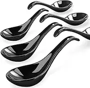 Wareland Asian Soup Spoon Set of 6, 6.75 inch Ultra-fine Ceramic Chinese Soup Spoons, Black Japanese Soup Spoon for Cereal Stews Ramen Pho Wonton Dumpling Miso, Deep Oval Hook Design, Dishwasher Safe