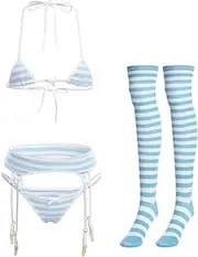 [ABAFIP] Women Cute Kawaii Anime Lingerie Set Halter Strap Micro Bra Tiny Panty Garter Belt Striped Stockings 4Pcs Underwear, Blue