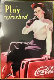 Coke Lady Sitting on Old Coca Cola Machine Rectangle Advertising Tin Sign