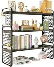 Desk Shelf Organizer, 3-Tier White Metal Frame and Teak Desktop Shelves for Office Supplies Organizing and Storage, Expandable Bookcase Stand for Versatile Desk Organization