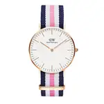 【DANIEL WELLINGTON】瑞典時尚品牌經典簡約尼龍腕錶-藍白粉X玫金-36MM(DW00100034)