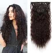 Cybelleza 50 cm Clip-In Hair Extensions, Hairpiece Like Real Hair, 6 Wefts, Wavy Cheap Hair Thickening, Curly, Wavy Curly Hair Extension, Synthetic Hair for Women, Medium Brown