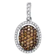 14k White Gold Round Brown Diamond Oval Cluster Pendant 1/2 Cttw