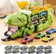Dinosaur Ultimate Hauler Track Toy for Boys, Transforms into Stomping Dinosaur with Race Track Ultimate Transporter Hauler Toddler Toys (Green) (Green)