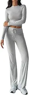 [Oheyeseker] Women's Two Piece Lounge Sets Long Sleeve Drawstring Tops Wide Leg Comfortable Tracksuit Matching Set