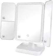 WOTOW Lighted Vanity Makeup Mirror - Rechargeable Tri-fold Cosmetic Mirror with Magnification 1X/2X/3X and 78 Natural LED Lights and Touch Screen, Portable Folding Travel Mirror with 3 Light Modes