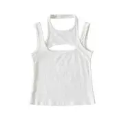 Mock Two-Piece Cutout Plain Ribbed Crop Tank Top White - M