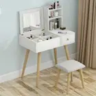 Glam Dresser Vanity Table with Mirror, Stool and Storage Shelves Set (White)
