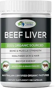 Grassland Nutrition Grass Fed Beef Liver 100% Organic Sourced — Natural B12 for energy, Iron & Vitamin A (180 Capsules)