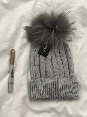 Gray -Kids XL- Warm Knitted Winter Hat With Real Fur Pompom (Boys & Girls)
